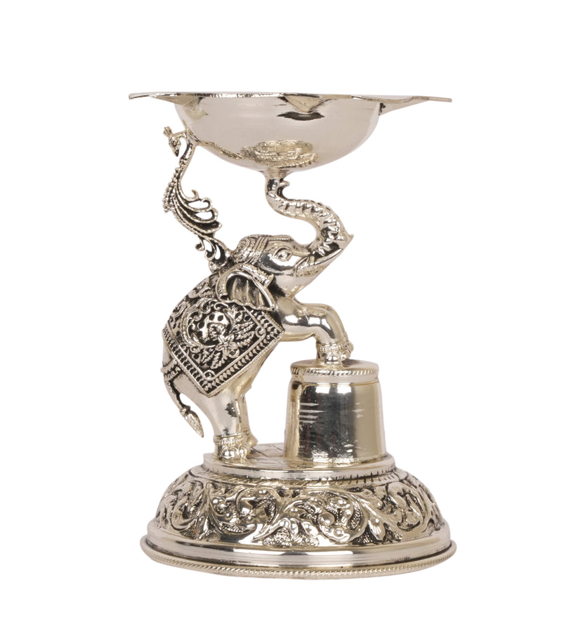 Elephant of Light: Silver-Coated Brass Diya (Oil Lamp)