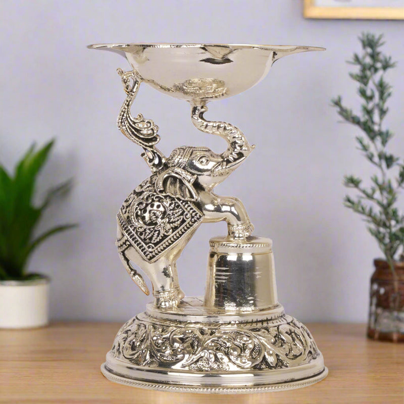 Elephant of Light: Silver-Coated Brass Diya (Oil Lamp)
