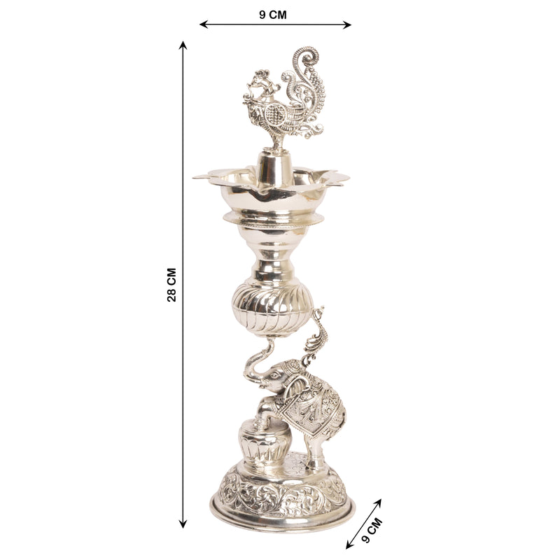 Timeless Radiance: Silver-Coated Brass Elephant and Peacock Oil Lamp