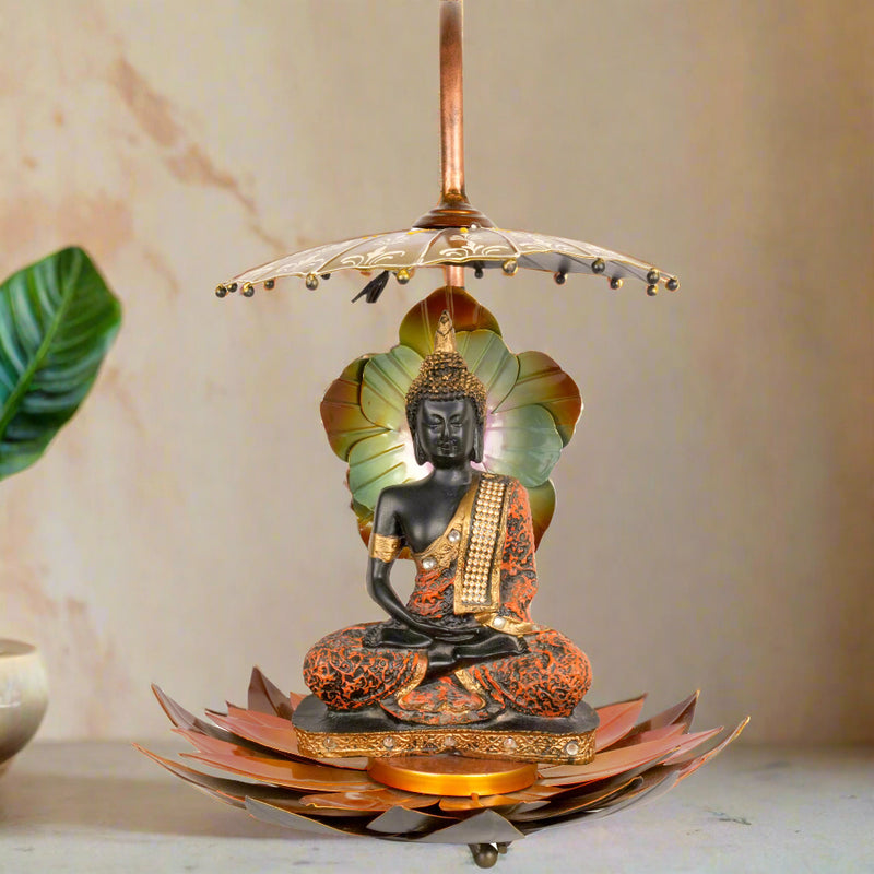 Buddha Figurine with Lotus Base – Tranquil Metal Sculpture