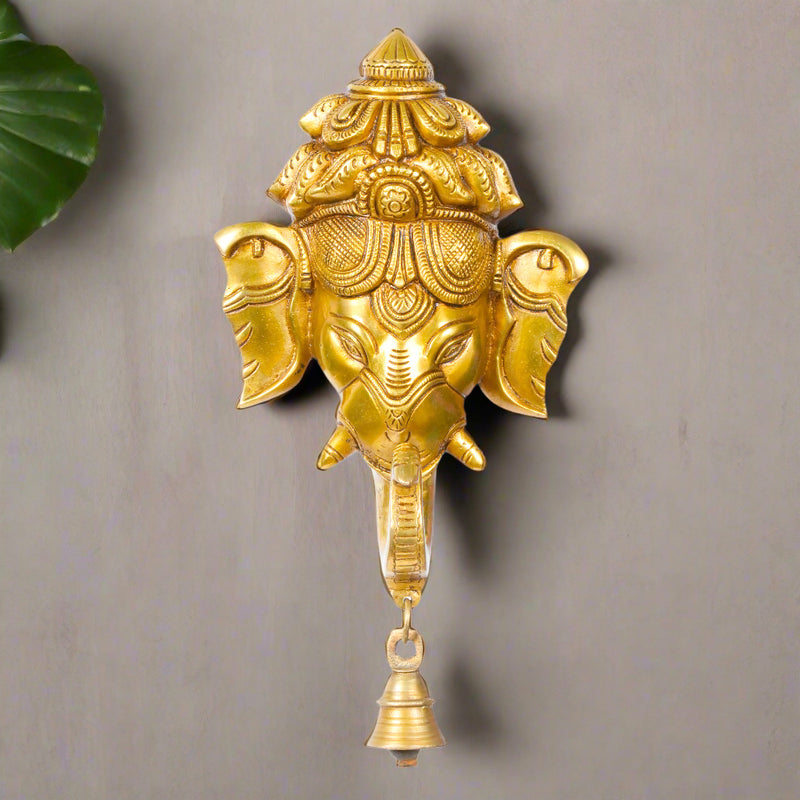 Auspicious Beginnings: Handcrafted Brass Ganesha Face Wall Hanging with Bell