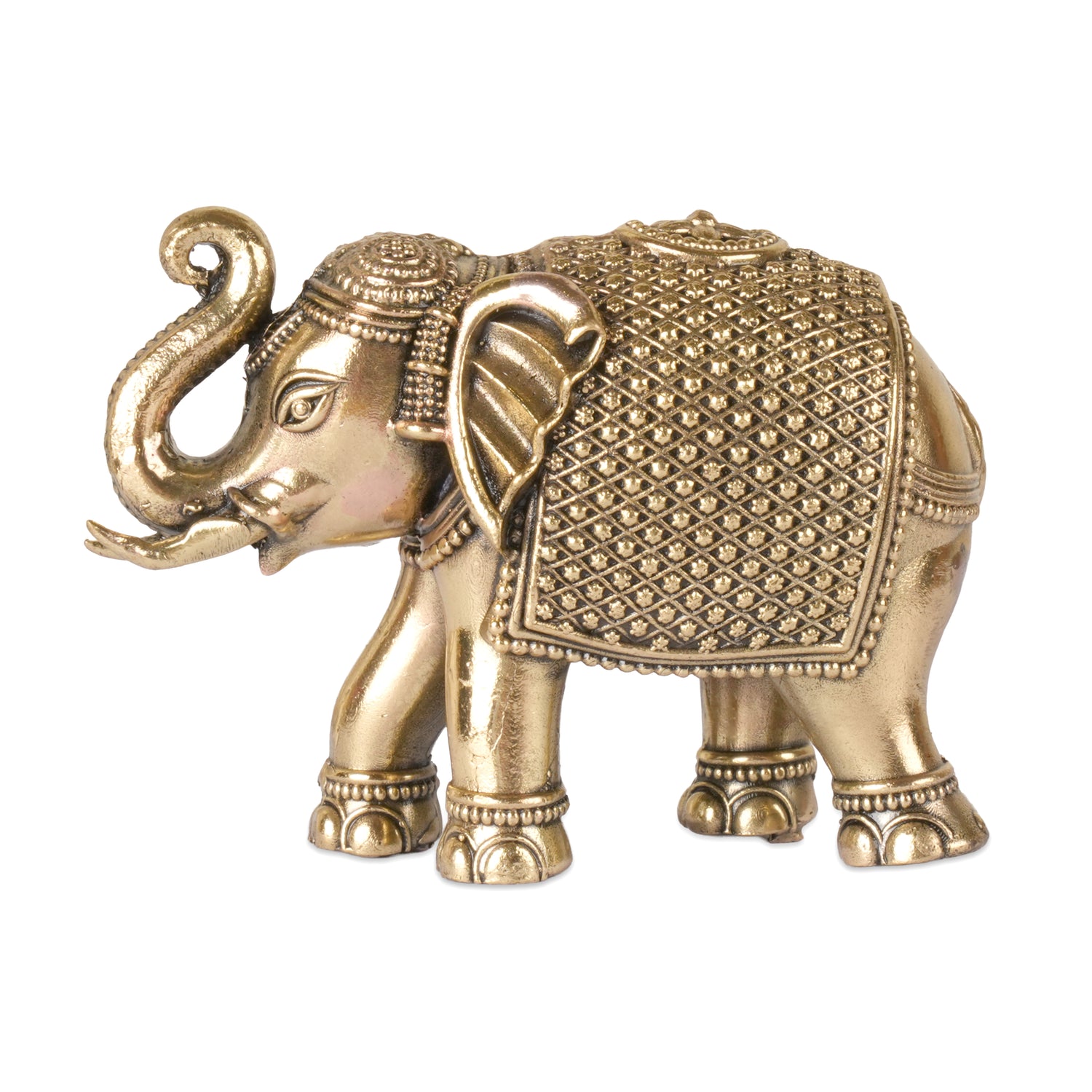 Handcrafted Brass Elephant Statue | Ornate Diamond Pattern Saddle