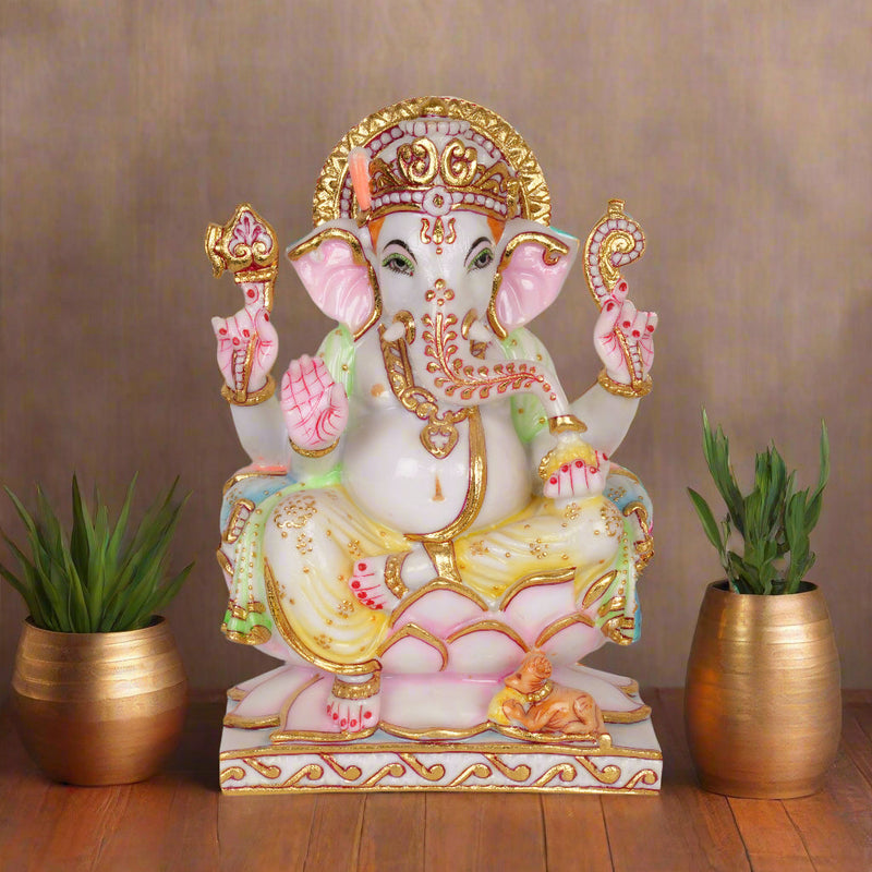 Lord Ganesha Murti – Seated on Lotus with Modak & Mushak