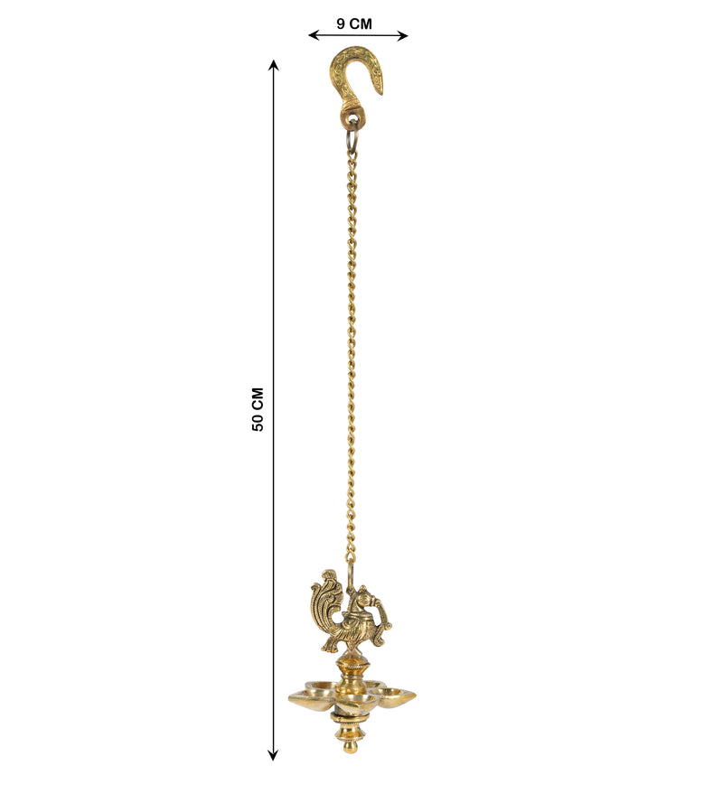 Brass Hanging Oil Lamp with Peacock Motif
