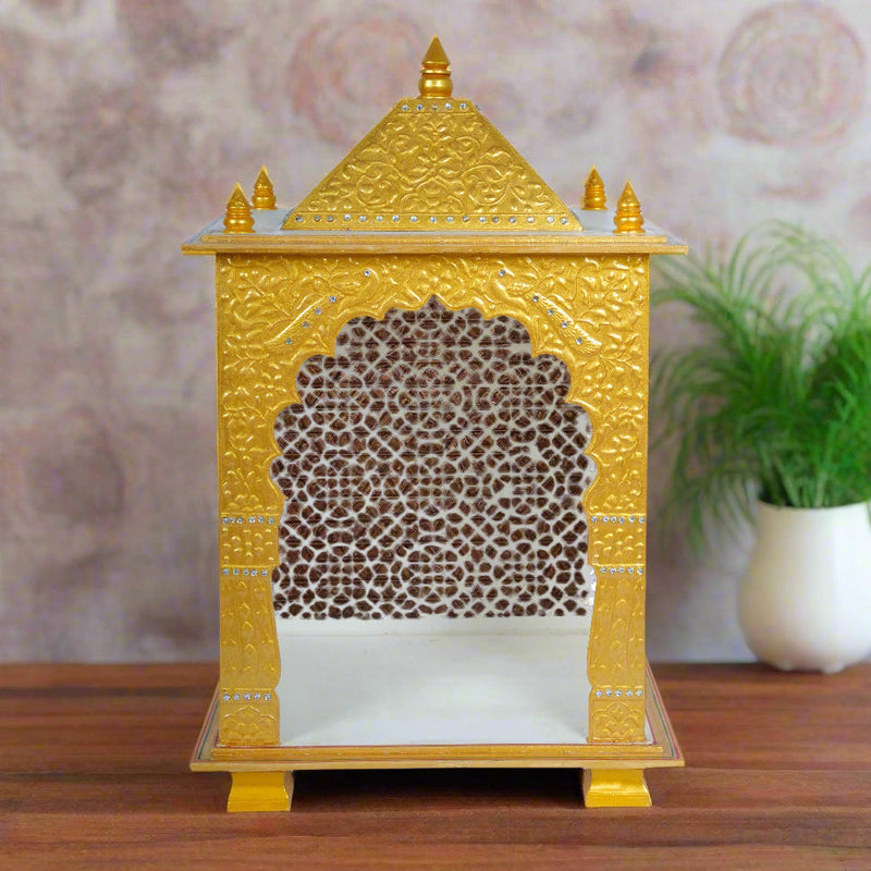 Divine Abode: Golden & White Acrylic Home Temple | Intricate Jali Mandir for Pooja