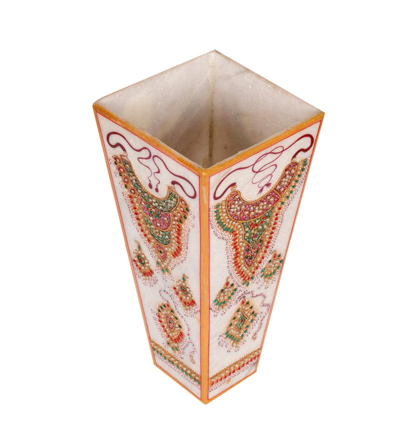 Handcrafted Marble Vase with Traditional Rajasthani Meenakari Artwork