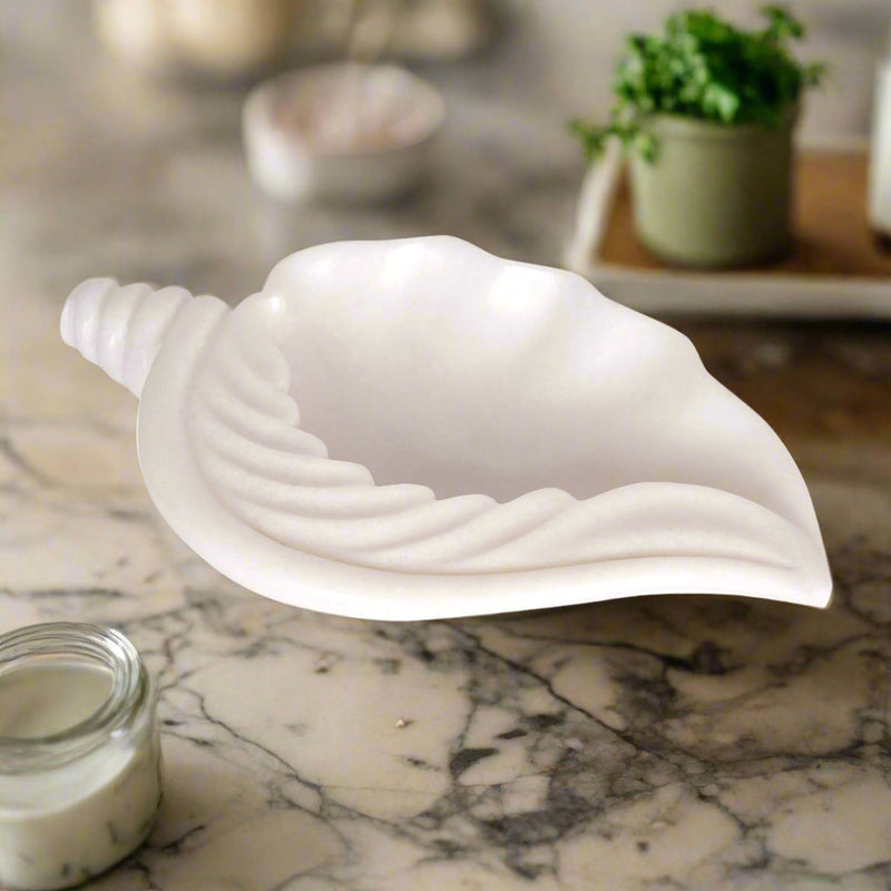 Hand-Carved White Marble Conch Shell Bowl