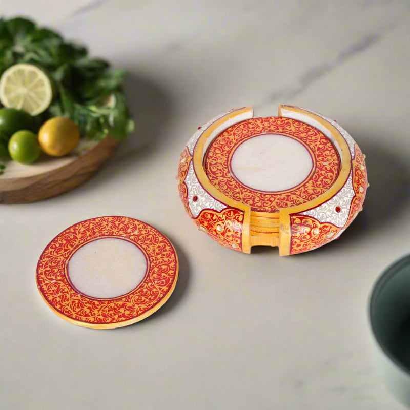 Hand-Painted Marble Coaster Set with Holder | Indian Home Decor Accent