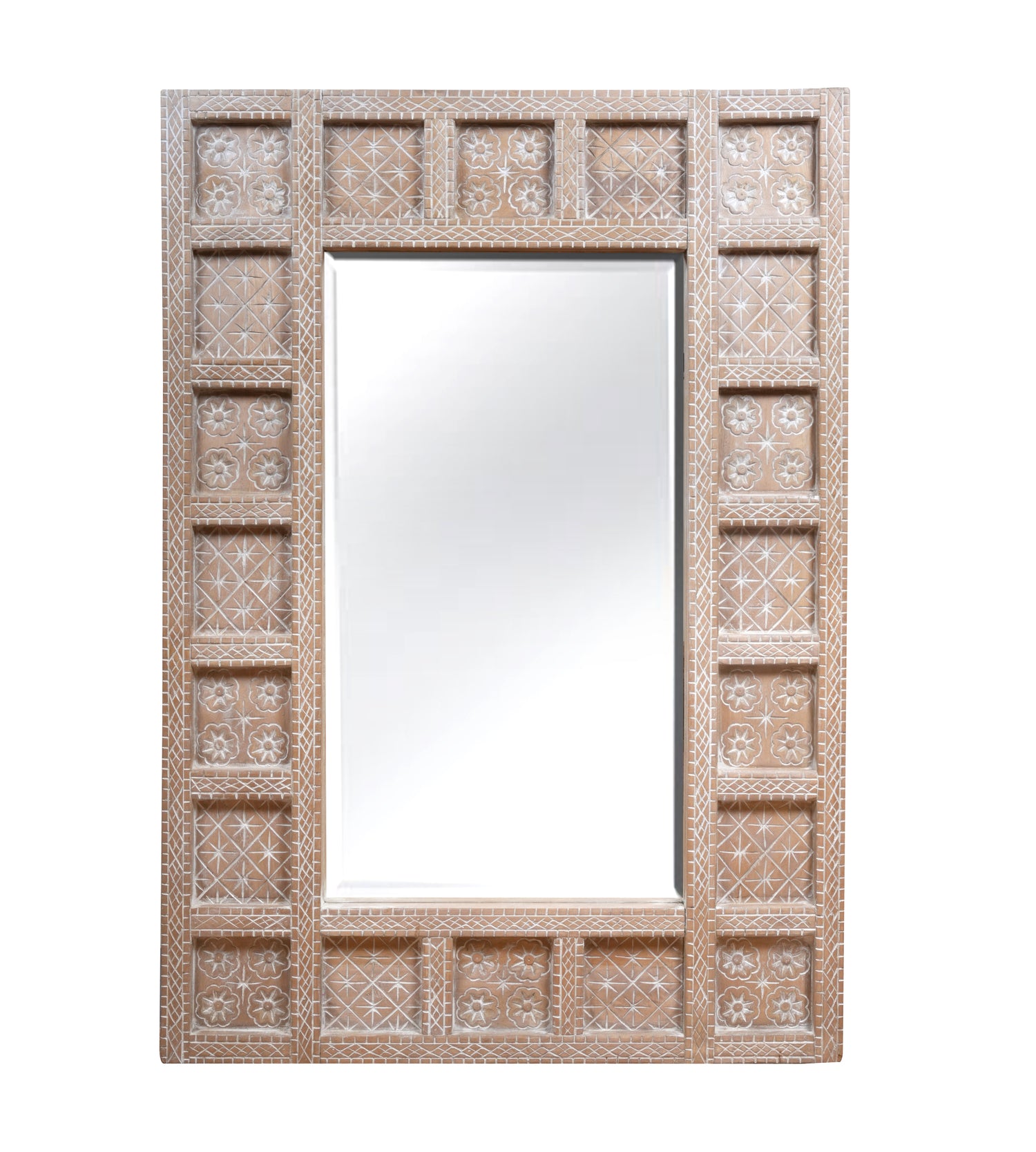 Viraasat Mirror - Vintage Wooden Mirror Frame with Geometric & Floral Carvings