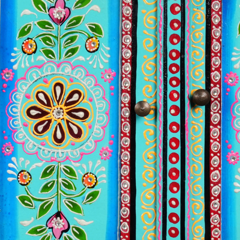 Handcrafted Rajasthani Wooden Sideboard – Vibrant Turquoise & Intricate Painting