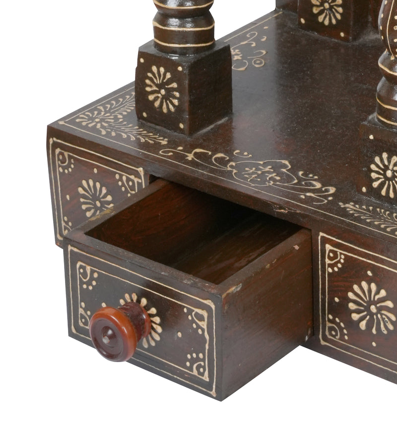 Handcrafted Rajasthani Wooden Temple with Drawers – Traditional Jharoka Design