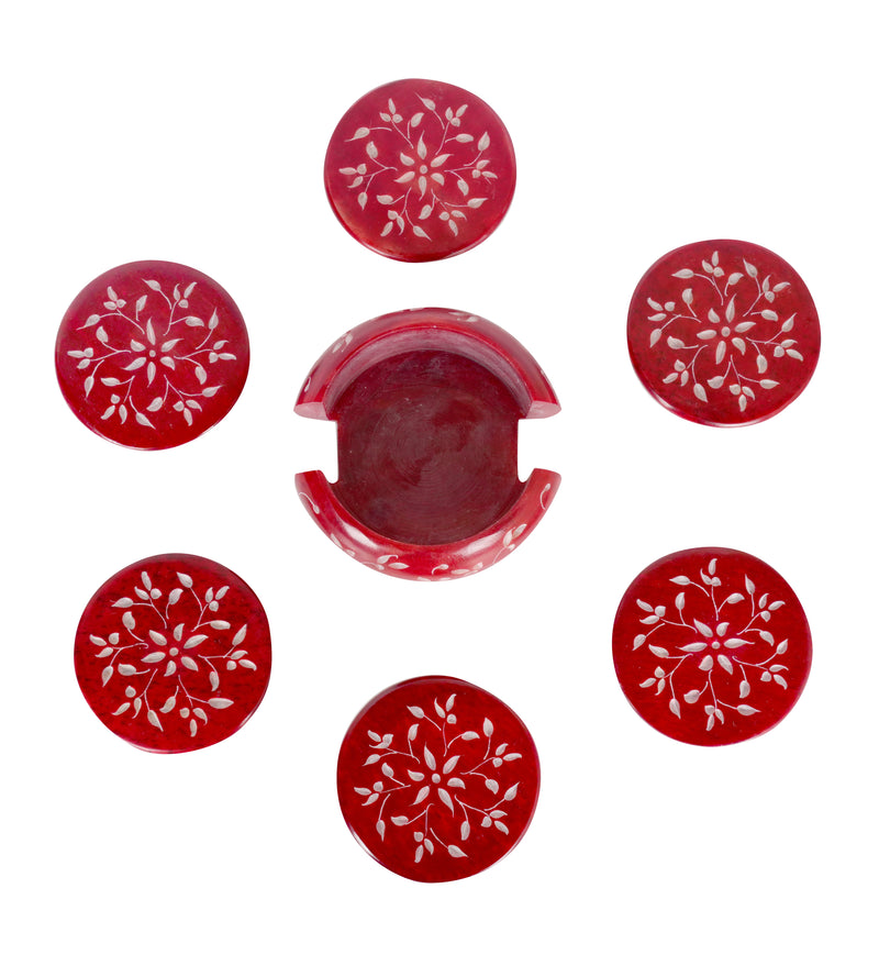 Handcrafted Marble Coasters with Intricate Floral Carving - Set of 6