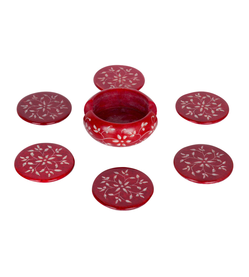 Handcrafted Marble Coasters with Intricate Floral Carving - Set of 6