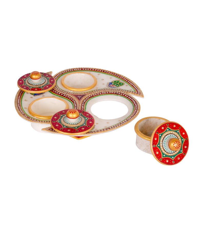 Handcrafted Marble Revolving Dry Fruit Set – Traditional Rajasthani Meenakari Artwork