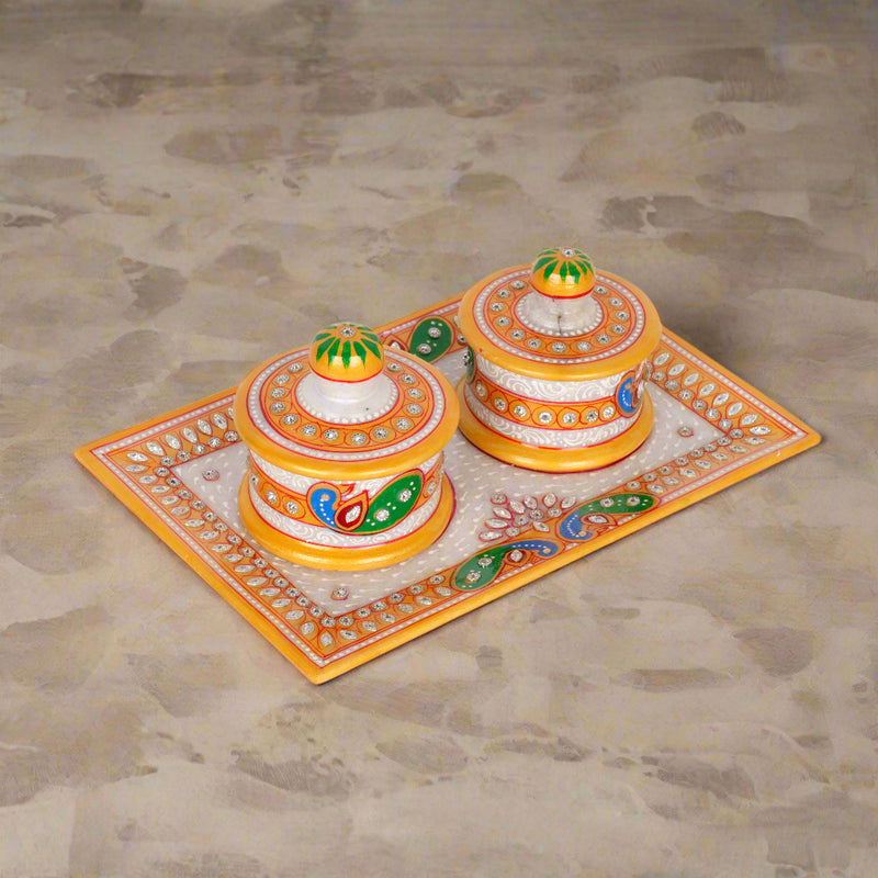 Handcrafted Marble Dry Fruit Set – Traditional Rajasthani Artwork
