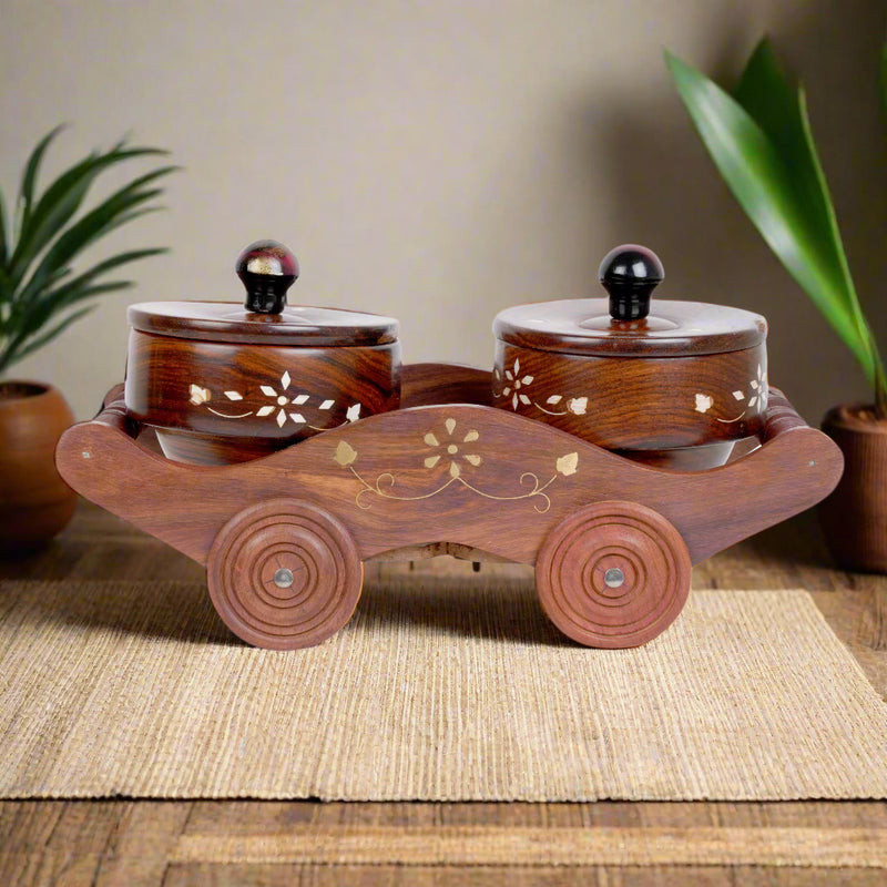 Traditional Charm: Handcrafted Rosewood Trolley with Lidded Boxes