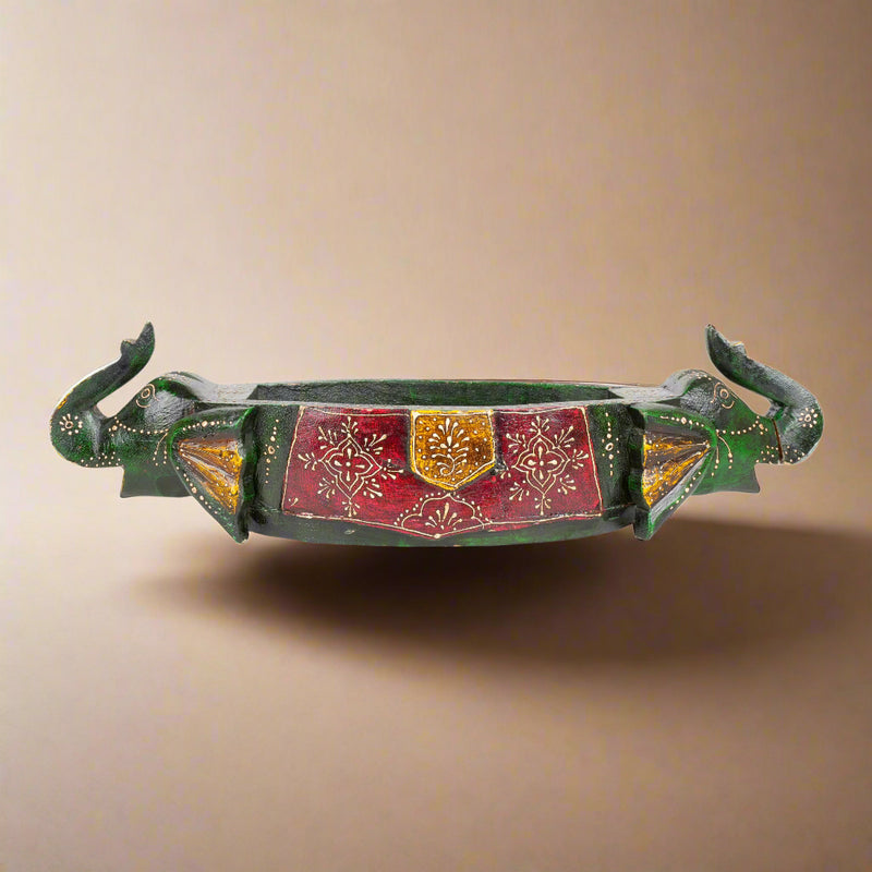 Handcrafted Decorative Wooden Bowl – Traditional Rajasthani Art with Peacock Motifs