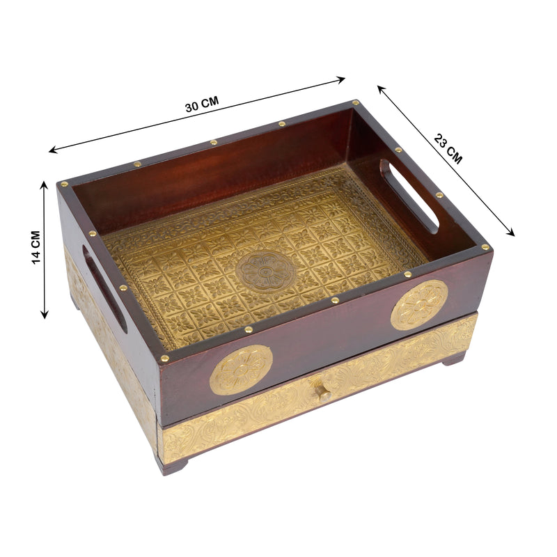Handcrafted Wooden Storage Tray with Intricate Brass Detailing
