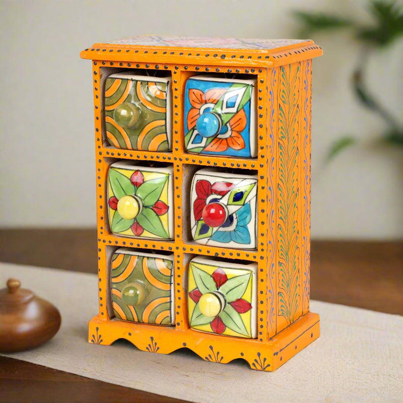 Handcrafted Wooden Box with Ceramic Drawers – 6 Drawer Storage Organizer