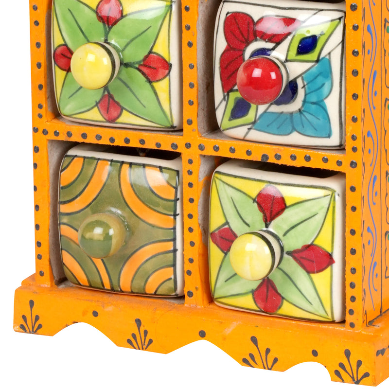 Handcrafted Wooden Box with Ceramic Drawers – 6 Drawer Storage Organizer