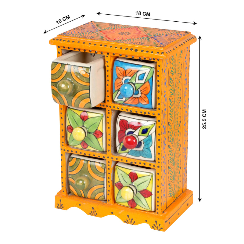 Handcrafted Wooden Box with Ceramic Drawers – 6 Drawer Storage Organizer
