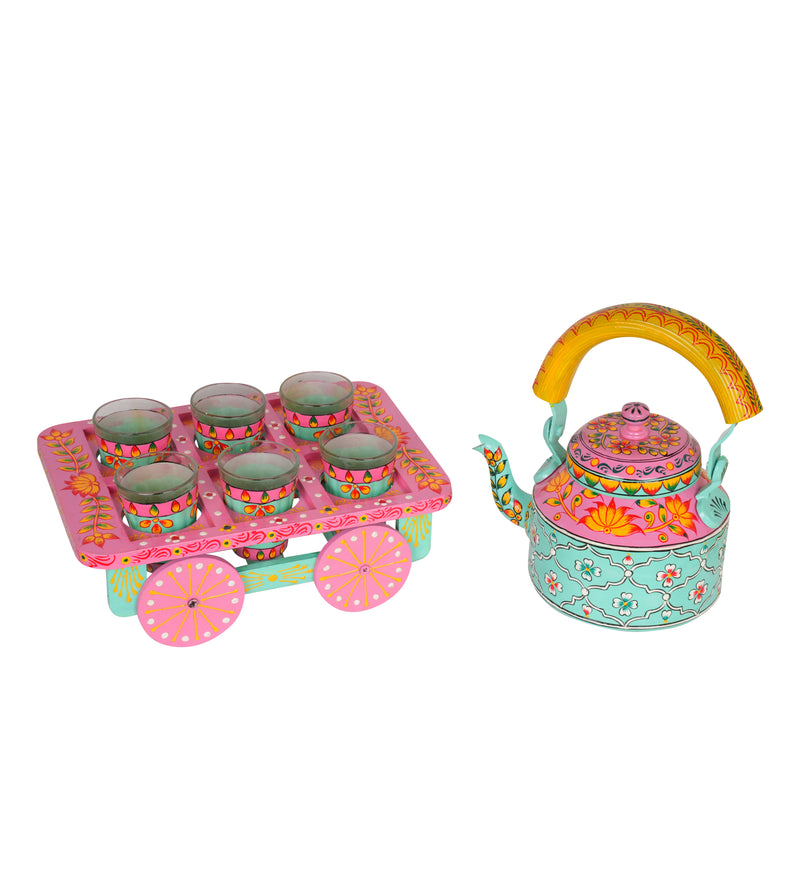 Hand-Painted Kettle Set with Glasses - Rajasthani Art