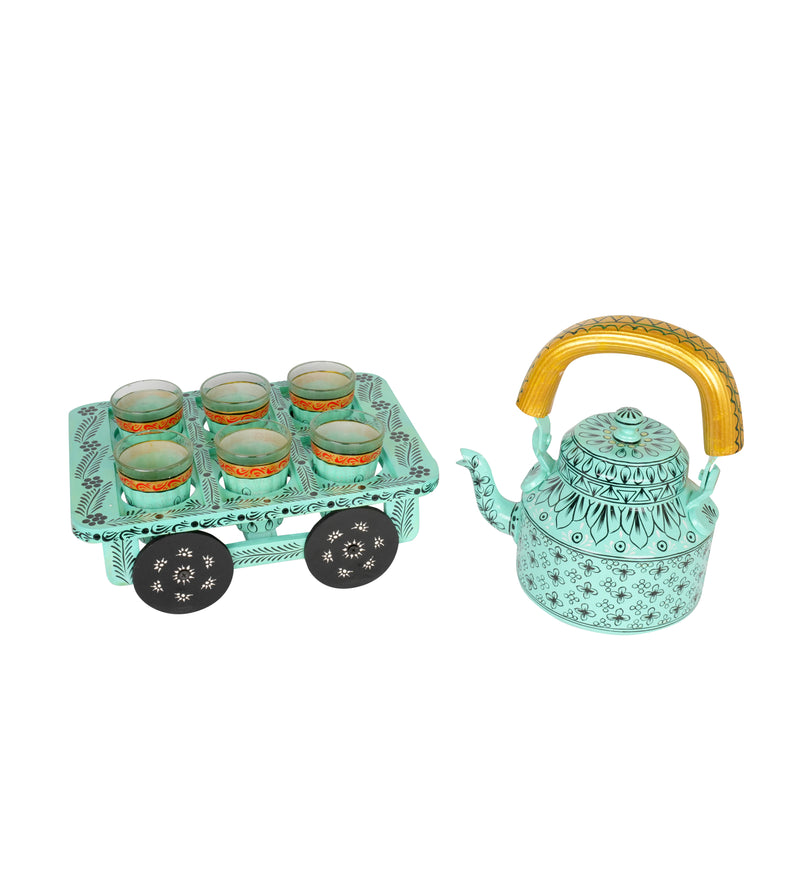 Hand-Painted Kettle Set with Glasses - Rajasthani Art