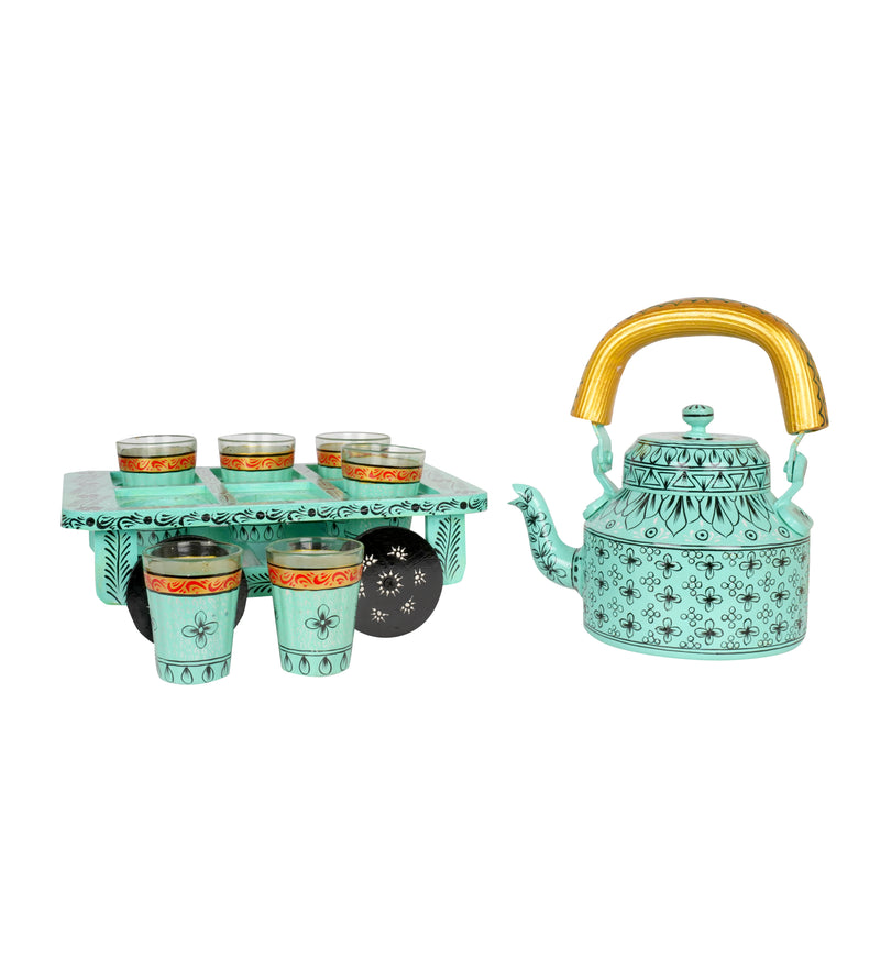 Hand-Painted Kettle Set with Glasses - Rajasthani Art