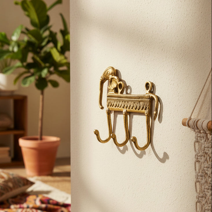 Handcrafted Traditional Brass Elephant Wall Hook | Triple-Hook Heritage Wall Decor