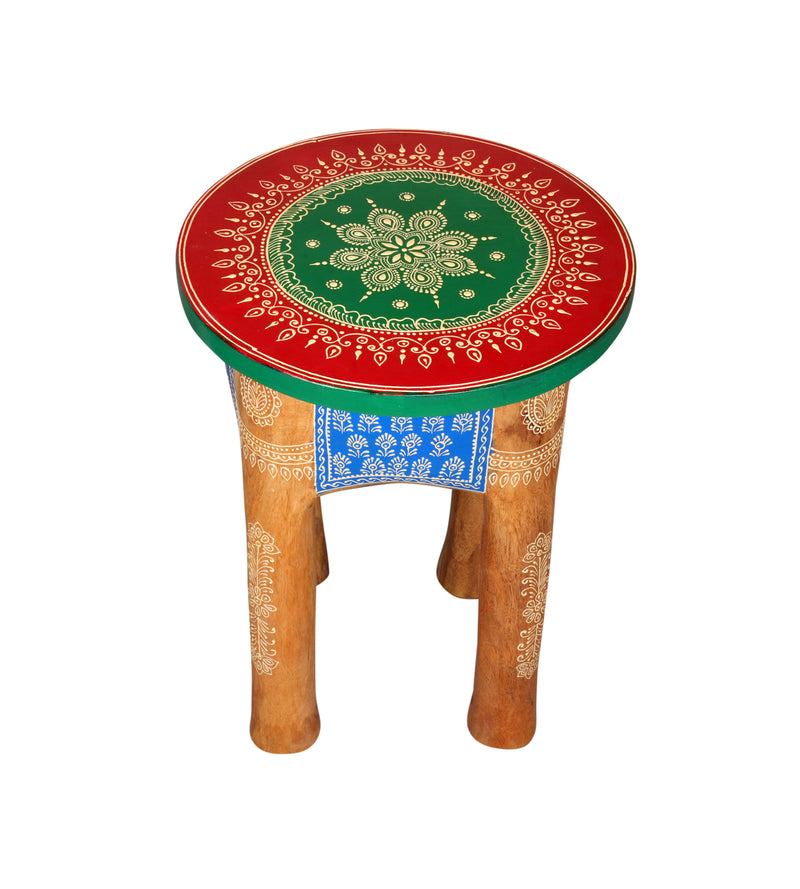 Handcrafted Rajasthani Wooden Stool – Vibrant Enamel Top