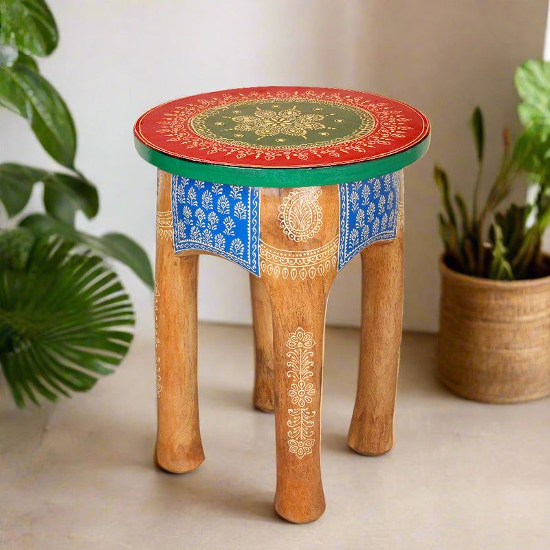 Handcrafted Rajasthani Wooden Stool – Vibrant Enamel Top