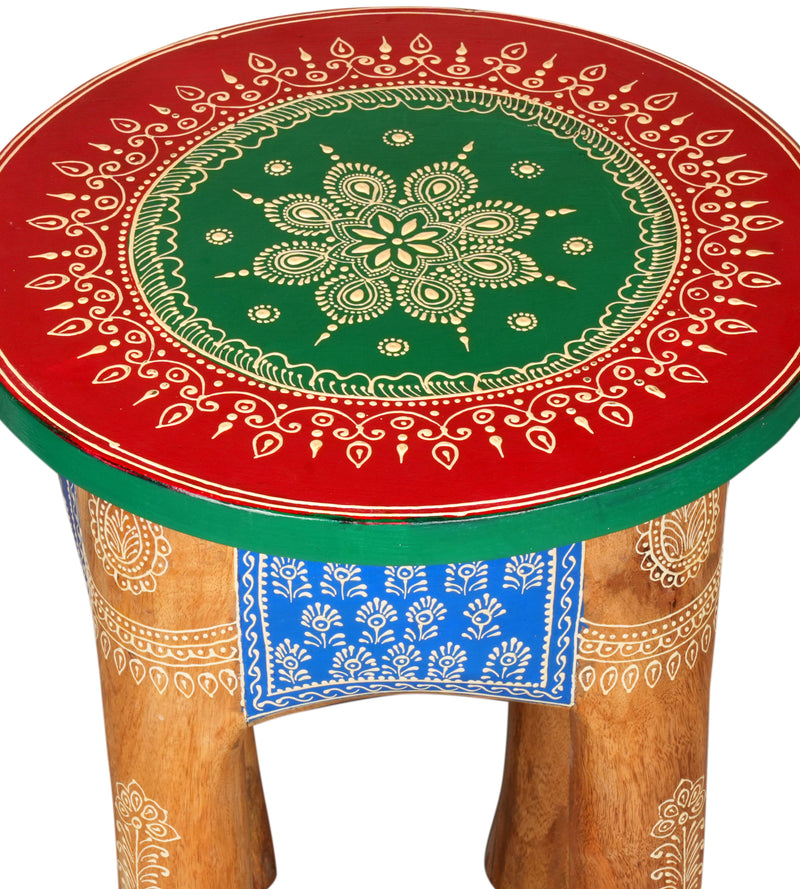 Handcrafted Rajasthani Wooden Stool – Vibrant Enamel Top