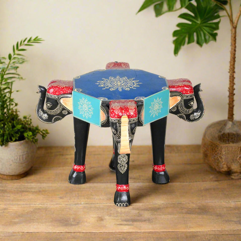 Handcrafted Rajasthani Wooden Elephant Stool - Majestic & Functional