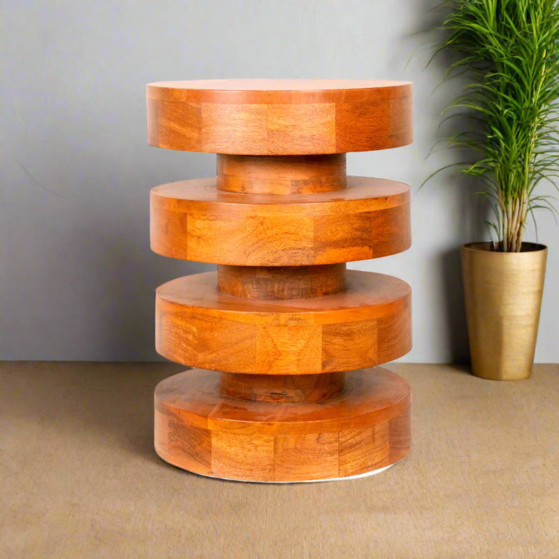 Handcrafted Wooden Stool with Tiered Circular Design - Unique Accent Piece