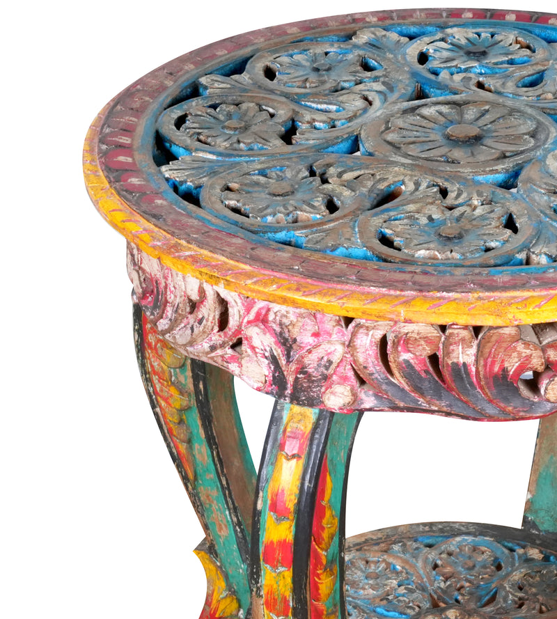 Antique Hand-Carved Wooden Table – A Vibrant Accent from Rajasthan