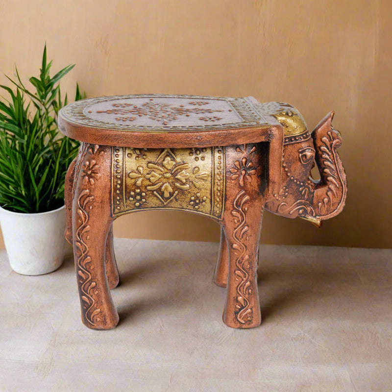 Handcrafted Elephant Stool – Rajasthani Design with Gold and Brown Finish