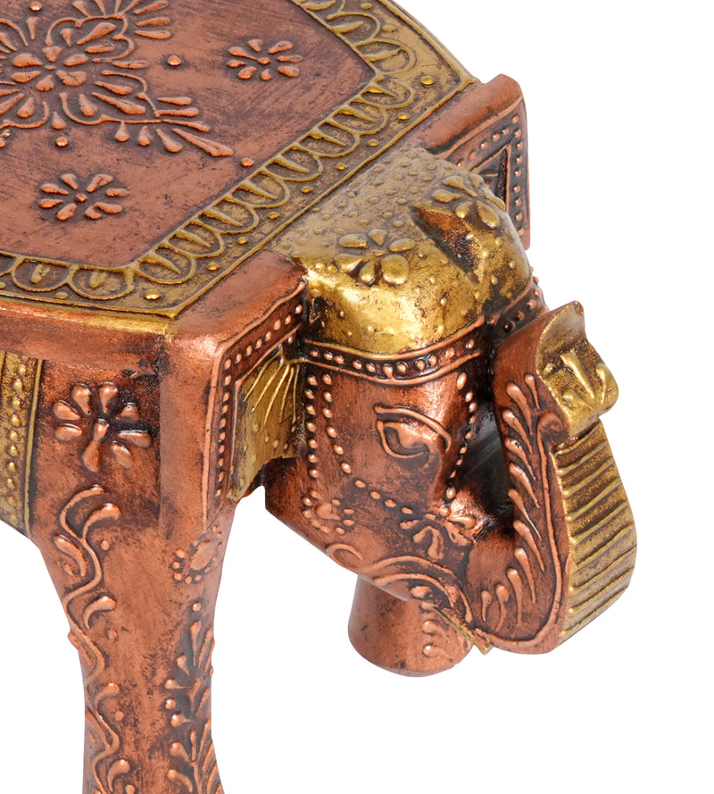 Handcrafted Elephant Stool – Rajasthani Design with Gold and Brown Finish