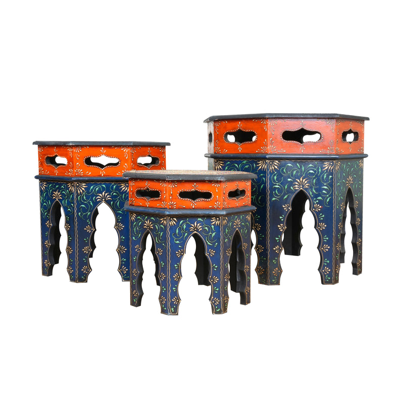 Handcrafted Wooden Nesting Tables with Intricate Rajasthani Tile Designs