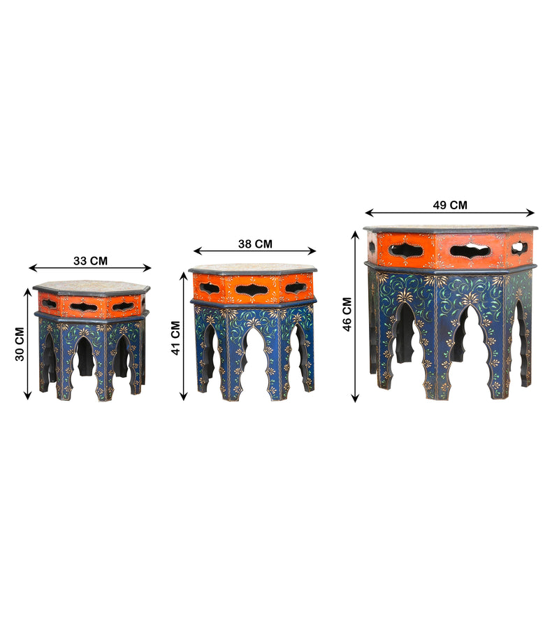 Handcrafted Wooden Nesting Tables with Intricate Rajasthani Tile Designs