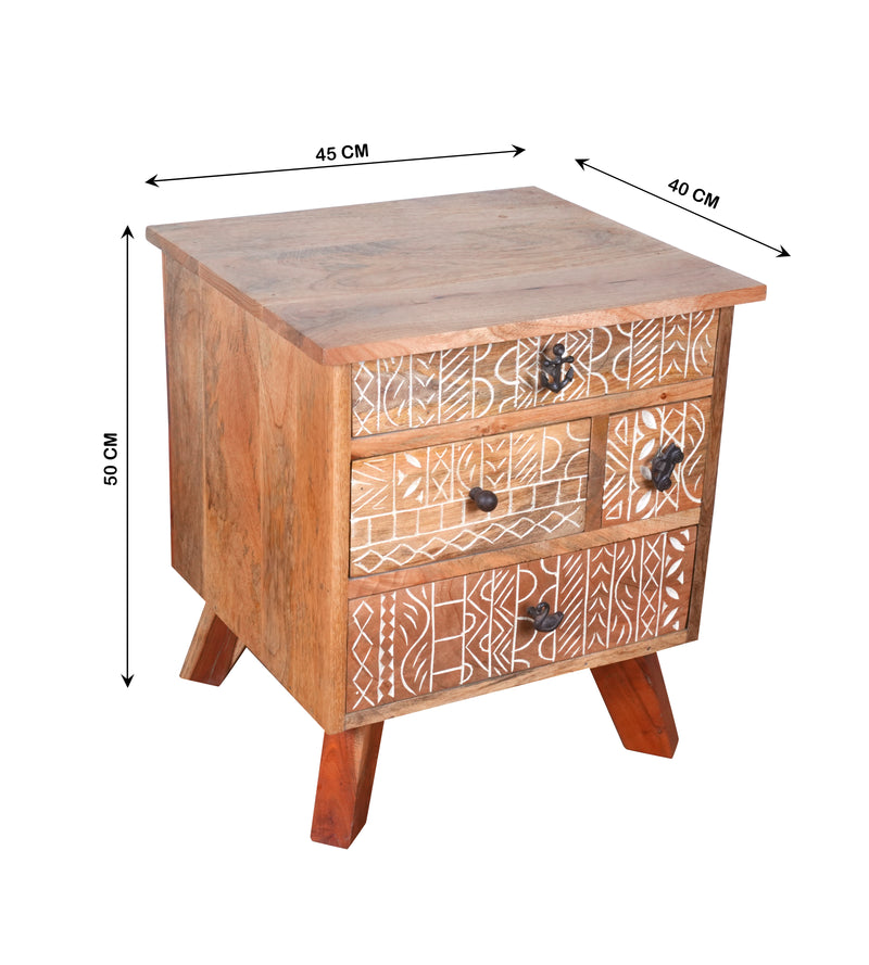 Handcrafted Wooden Bedside Table with Intricate Carved Drawer Fronts