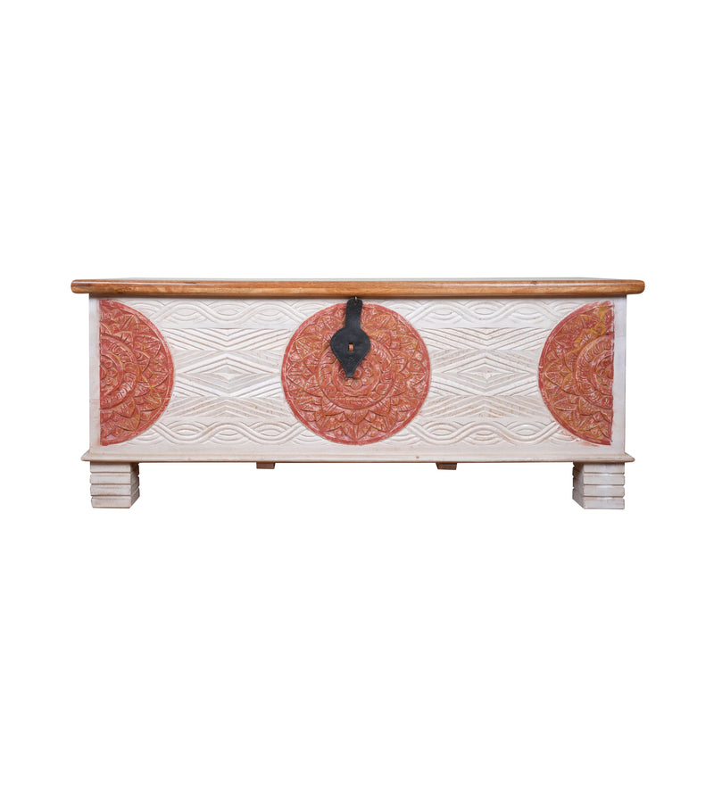 Handcrafted Wooden Storage Chest with Decorative Medallions