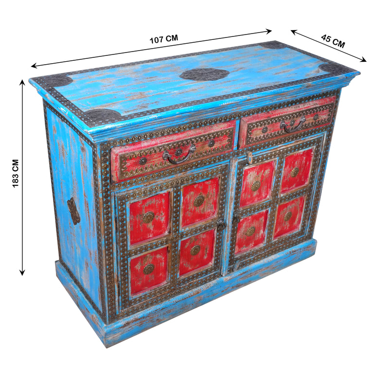 Handcrafted Wooden Sideboard with Distressed Finish and Decorative Detailing