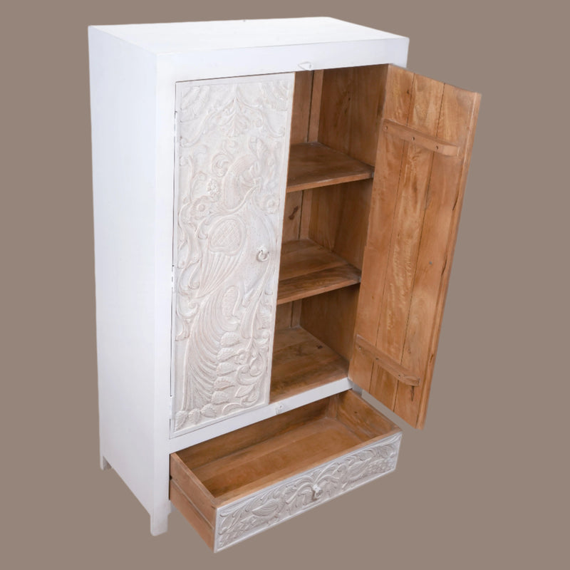 Handcrafted Wooden Armoire with Intricate Peacock Carved Detailing