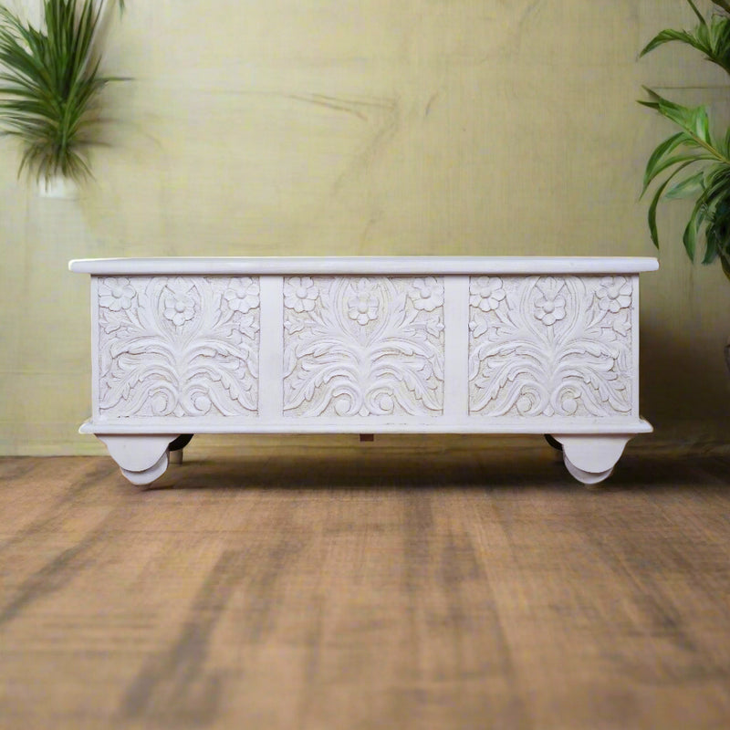 Shweta Trunk - Hand-Carved Wooden Storage Chest in Distressed Ivory