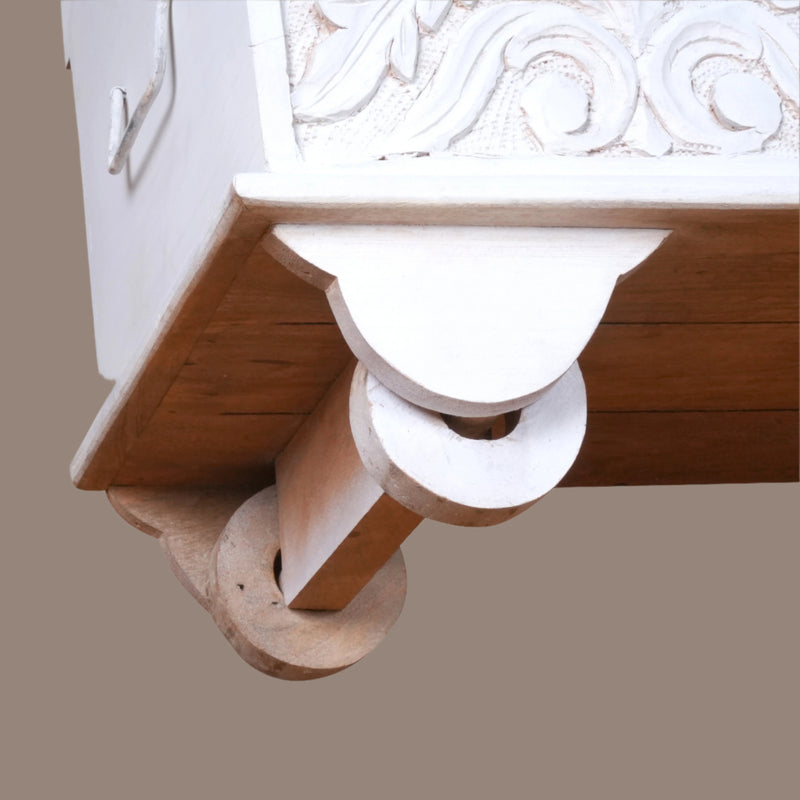 Shweta Trunk - Hand-Carved Wooden Storage Chest in Distressed Ivory