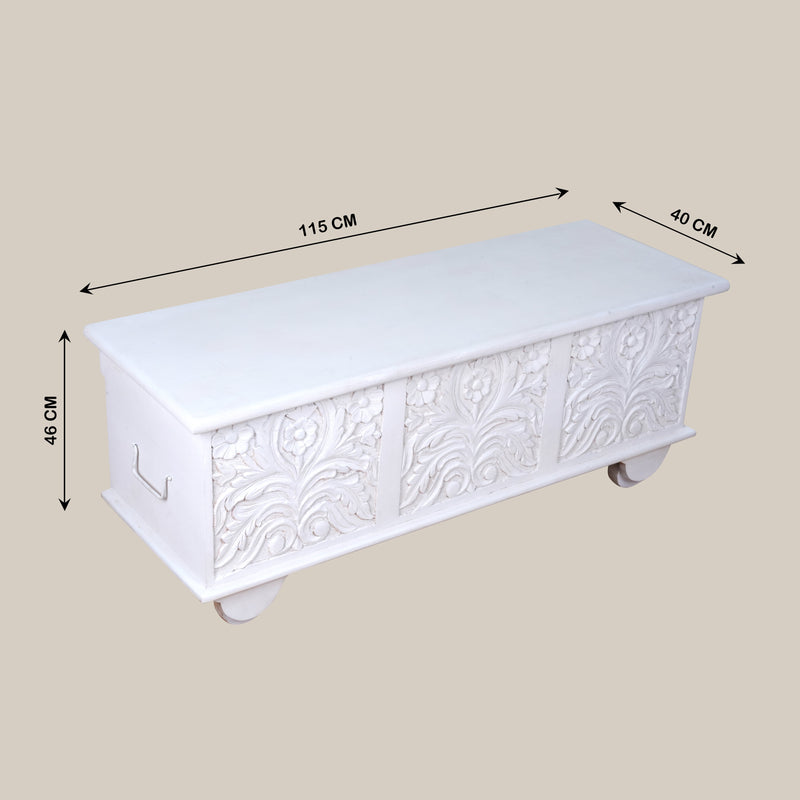 Shweta Trunk - Hand-Carved Wooden Storage Chest in Distressed Ivory