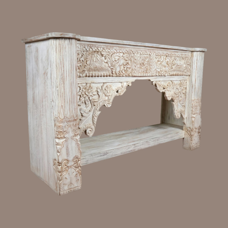 Maharaja Console - Ornate Handcrafted Console Table in Whitewash Finish