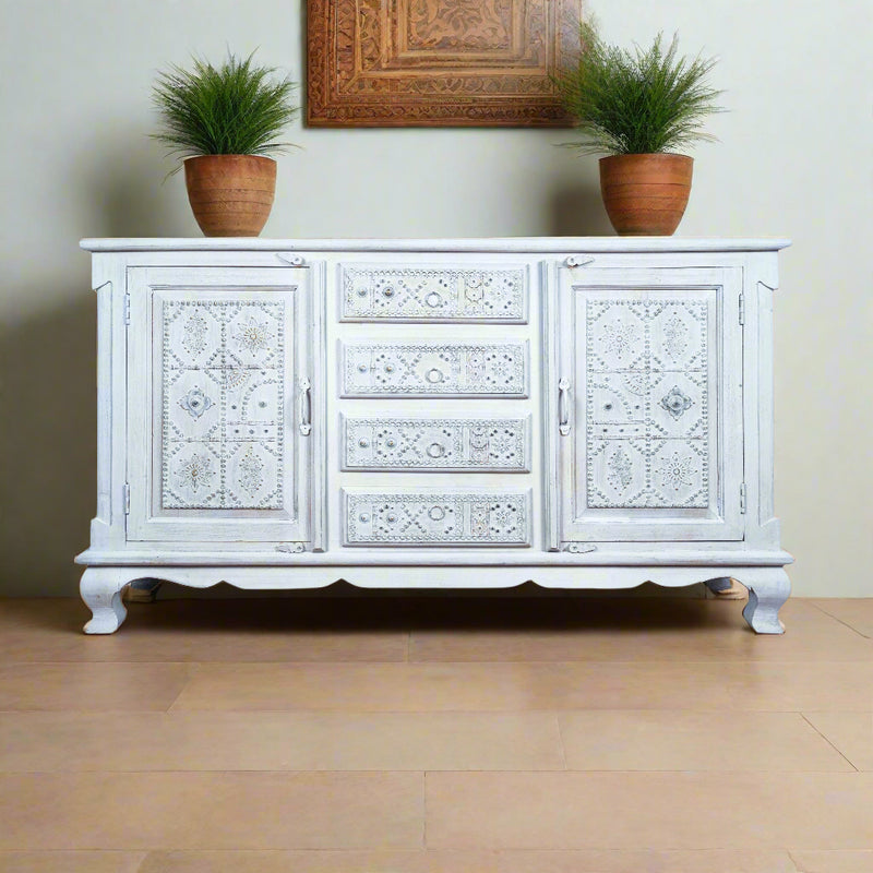 Zahra Sideboard - Hand-Carved Wooden Sideboard in White Distress Finish