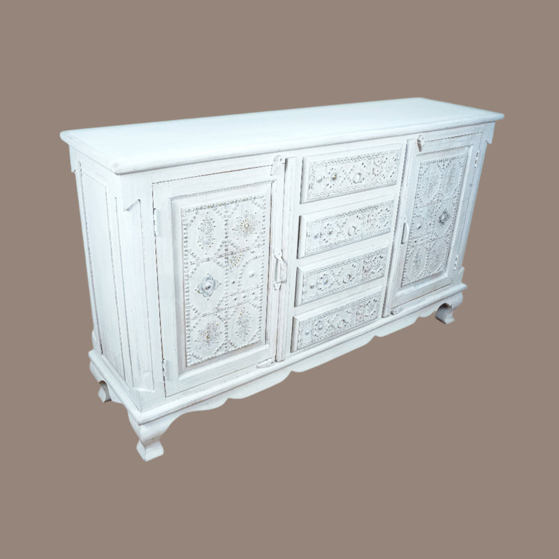 Zahra Sideboard - Hand-Carved Wooden Sideboard in White Distress Finish