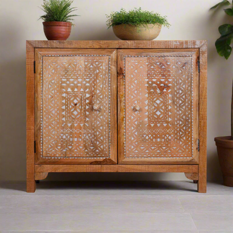 Dastkaar Cabinet - Traditional Mango Wood Cabinet with White Inlay Detailing